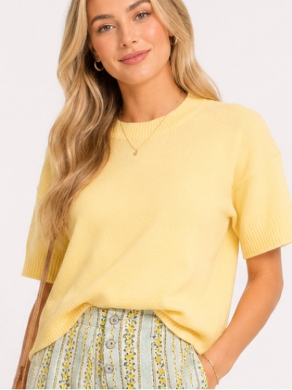 Zenana Outfitters Short Sleeve Crewneck Knit Top in Pale Yellow